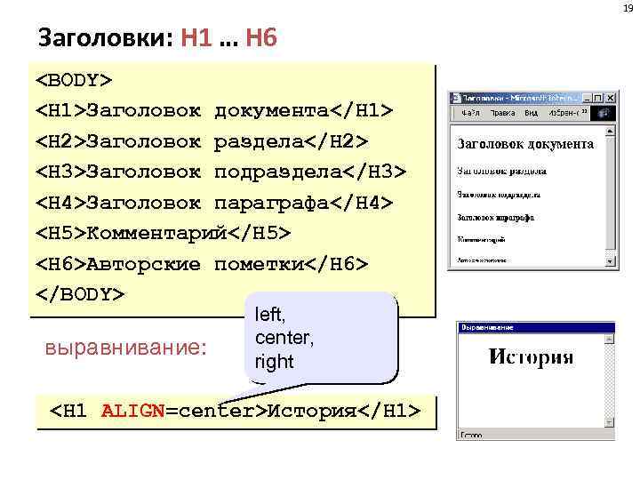 19 Заголовки: H 1 … H 6 <BODY> <H 1>Заголовок документа</H 1> <H 2>Заголовок