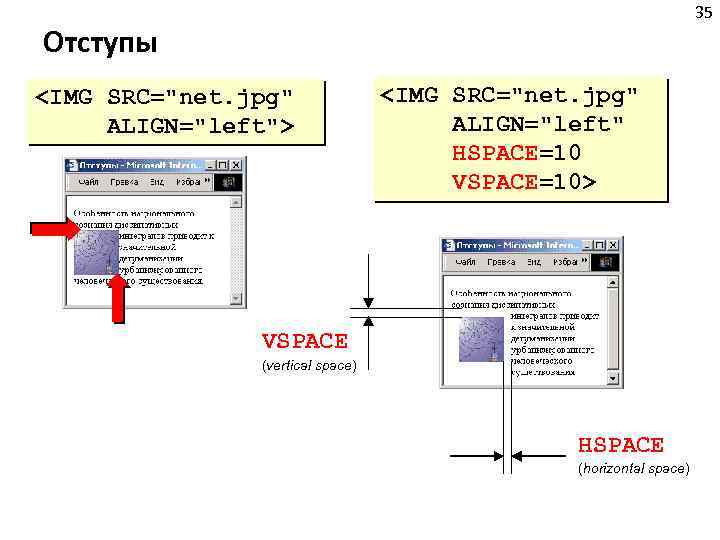 35 Отступы <IMG SRC="net. jpg" ALIGN="left"> <IMG SRC="net. jpg" ALIGN="left" HSPACE=10 VSPACE=10> VSPACE (vertical