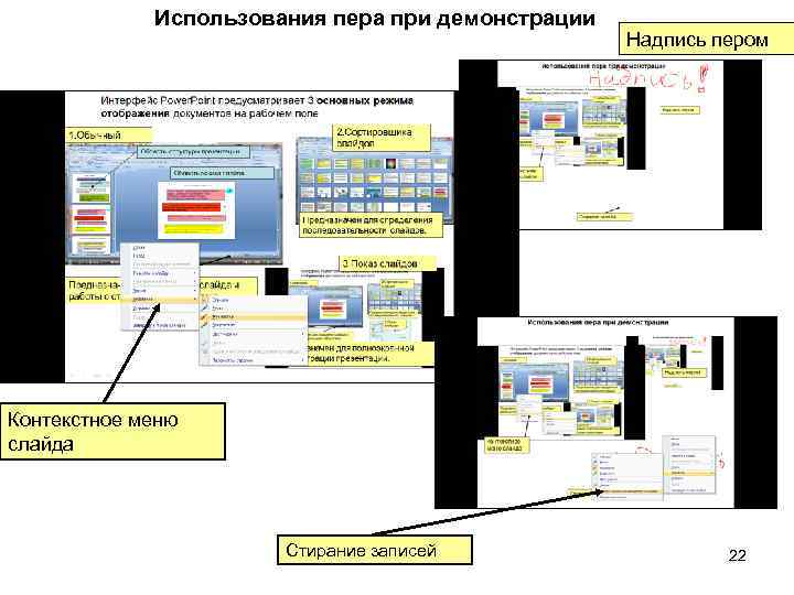 Использования пера при демонстрации Надпись пером Контекстное меню слайда Стирание записей 22 