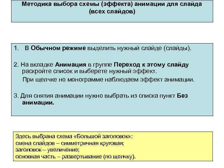 Методика выбора схемы (эффекта) анимации для слайда (всех слайдов) 1. В Обычном режиме выделить