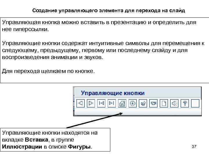 Создание управляющего элемента для перехода на слайд Управляющая кнопка можно вставить в презентацию и