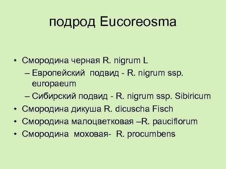 подрод Eucoreosma • Смородина черная R. nigrum L – Европейский подвид - R. nigrum