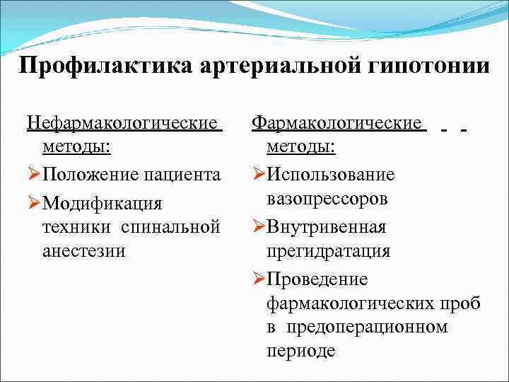 Профилактика артериальной гипотонии Нефармакологические методы: ØПоложение пациента ØМодификация техники спинальной анестезии Фармакологические методы: ØИспользование