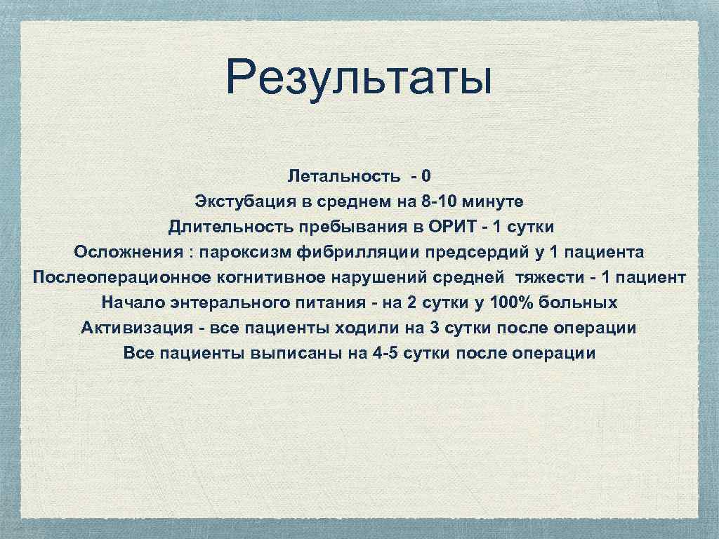 Результаты Летальность - 0 Экстубация в среднем на 8 -10 минуте Длительность пребывания в