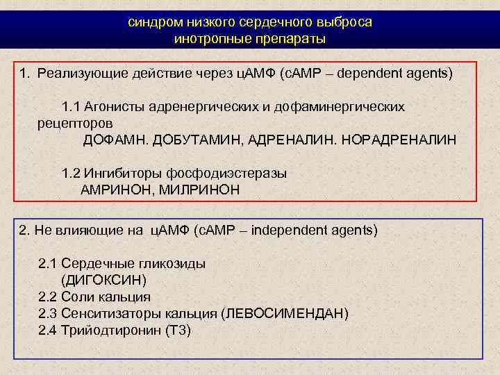 синдром низкого сердечного выброса инотропные препараты 1. Реализующие действие через ц. АМФ (c. AMP