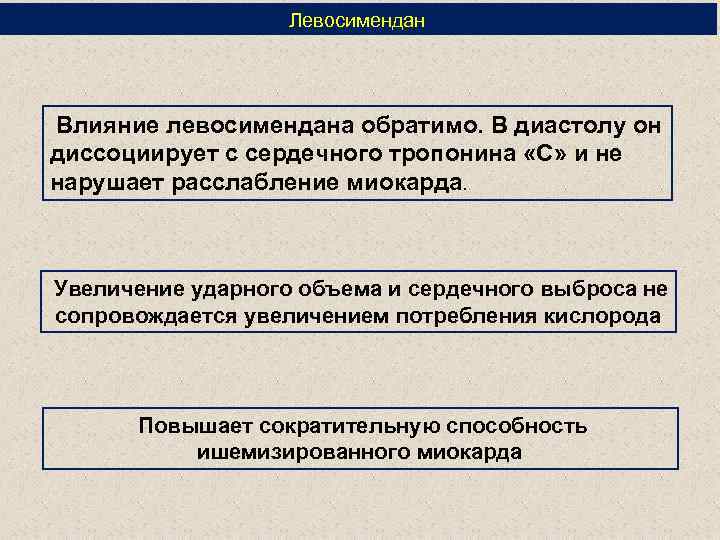 Левосимендан Влияние левосимендана обратимо. В диастолу он диссоциирует с сердечного тропонина «С» и не