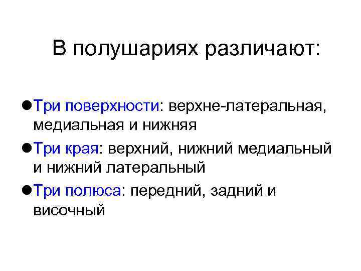 В полушариях различают: Три поверхности: верхне латеральная, медиальная и нижняя Три края: верхний, нижний