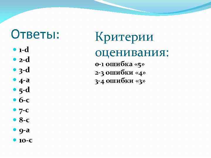 Ответы: 1 -d 2 -d 3 -d 4 -a 5 -d 6 -c 7