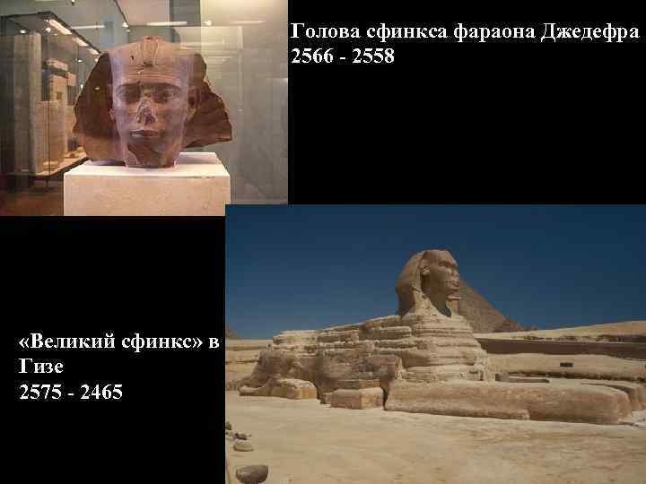 Голова сфинкса фараона Джедефра 2566 - 2558 «Великий сфинкс» в Гизе 2575 - 2465
