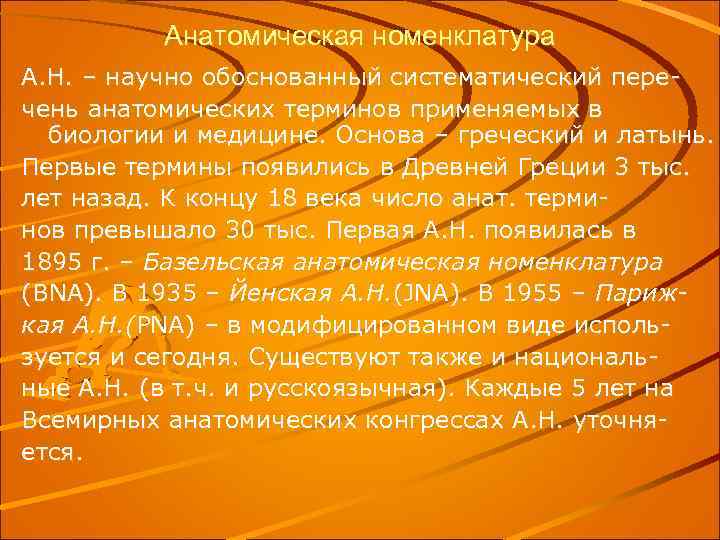 Анатомическая номенклатура А. Н. – научно обоснованный систематический перечень анатомических терминов применяемых в биологии
