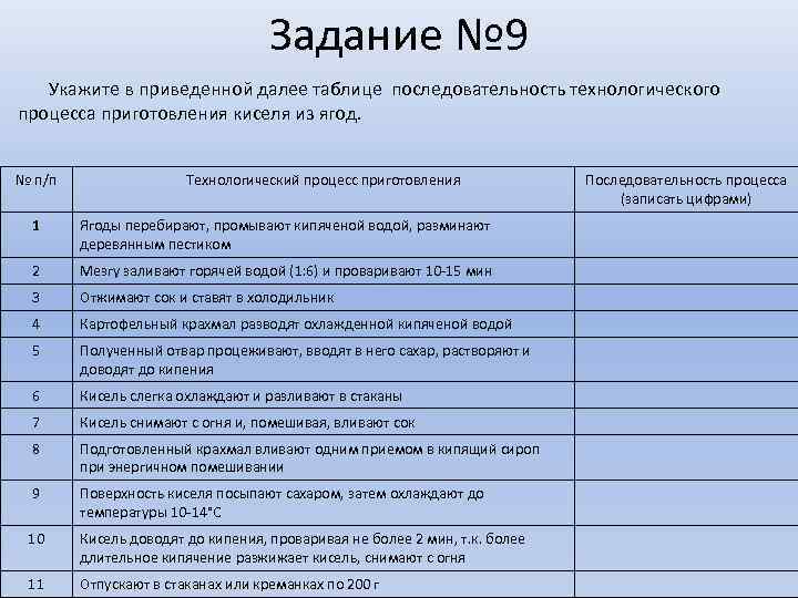 Задание № 9 Укажите в приведенной далее таблице последовательность технологического процесса приготовления киселя из