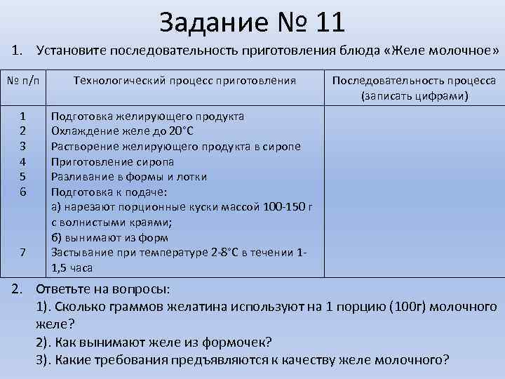 Задание № 11 1. Установите последовательность приготовления блюда «Желе молочное» № п/п Технологический процесс