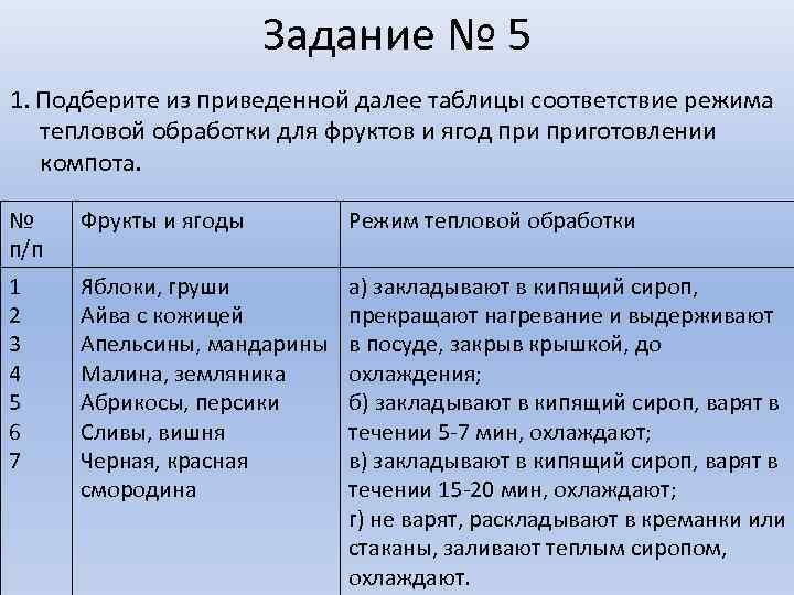 Задание № 5 1. Подберите из приведенной далее таблицы соответствие режима тепловой обработки для