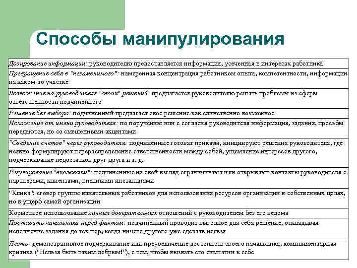 Способы манипуляции. Способы манипулирования руководителем дозирование информации. Дозирование информации. Пример дозирования информации. Дозированная информация это.