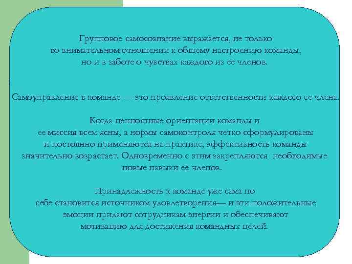 Групповое самосознание выражается, не только во внимательном отношении к общему настроению команды, но и