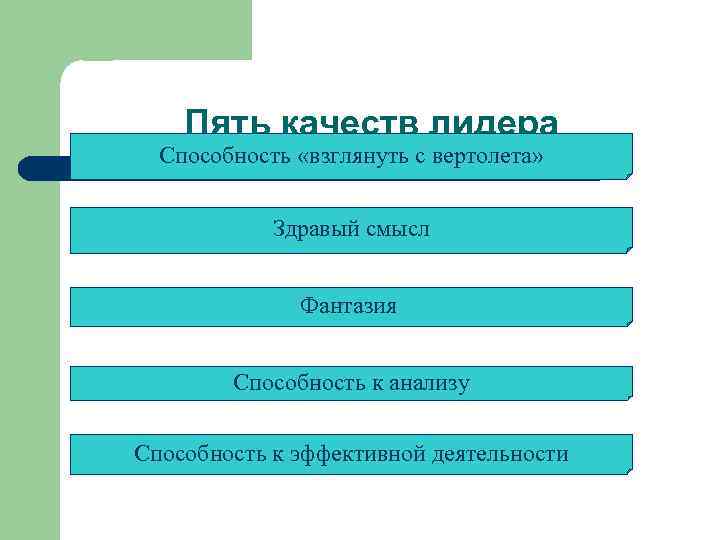 Пять качеств лидера Способность «взглянуть с вертолета» Здравый смысл Фантазия Способность к анализу Способность