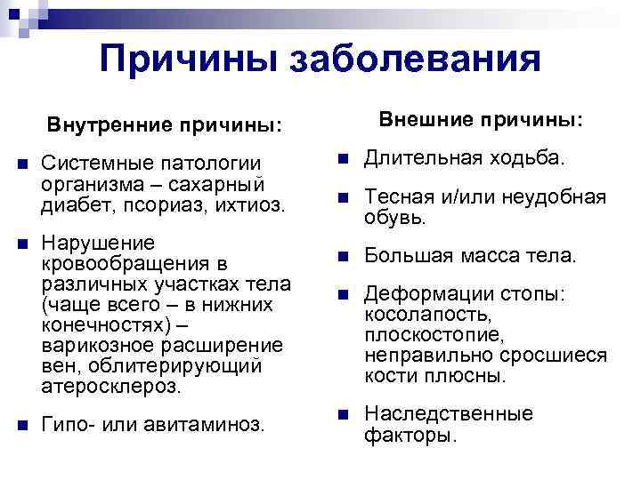 Причины заболевания Внешние причины: Внутренние причины: n n n Системные патологии организма – сахарный