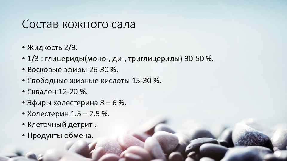 Состав кожного сала • Жидкость 2/3. • 1/3 : глицериды(моно-, ди-, триглицериды) 30 -50