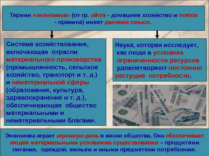 Термин «экономика» (от гр. oikos - домашнее хозяйство и nomos - правила) имеет двоякий