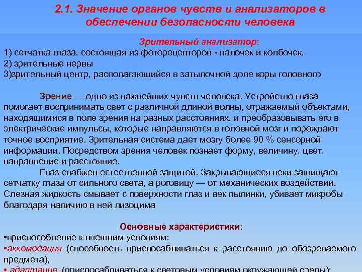 Какого значение органов. Роль органов чувств в обеспечении безопасности человека. Анализаторы значение в обеспечении безопасности. Роль зрения в обеспечении безопасности человека. Система обеспечения безопасности зрительного анализатора.