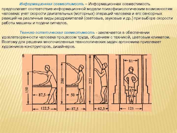 Информационная совместимость – Информационная совместимость предполагает соответствие информационной модели психофизиологическим возможностям человека: учет скорости