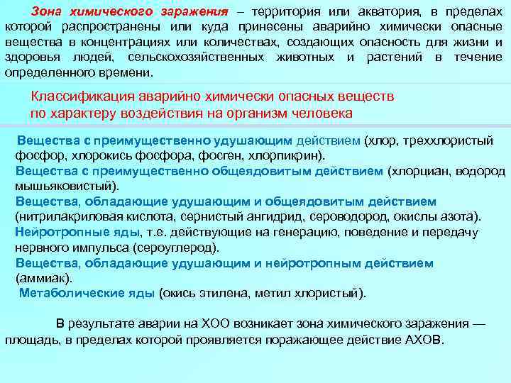 Зона химического заражения – территория или акватория, в пределах которой распространены или куда принесены
