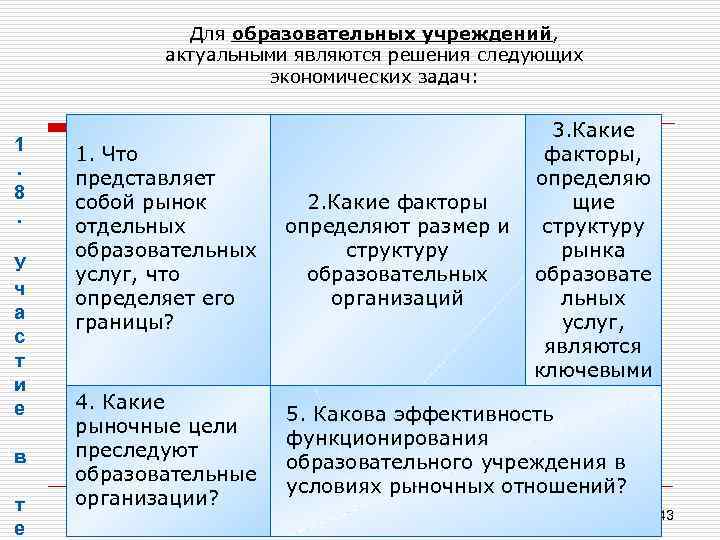 Для образовательных учреждений, актуальными являются решения следующих экономических задач: 1. 8. У ч а