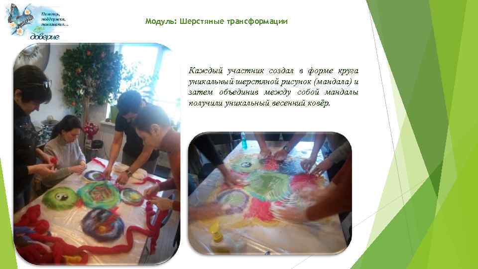 Модуль: Шерстяные трансформации Каждый участник создал в форме круга уникальный шерстяной рисунок (мандала) и