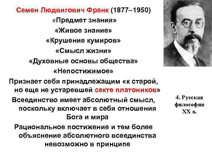 Семен Людвигович Франк (1877– 1950) «Предмет знания» «Живое знание» «Крушение кумиров» «Смысл жизни» «Духовные