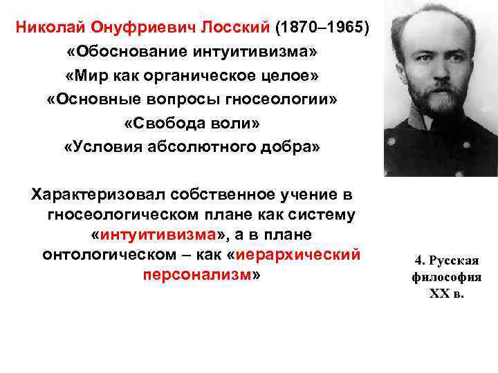 Николай Онуфриевич Лосский (1870– 1965) «Обоснование интуитивизма» «Мир как органическое целое» «Основные вопросы гносеологии»