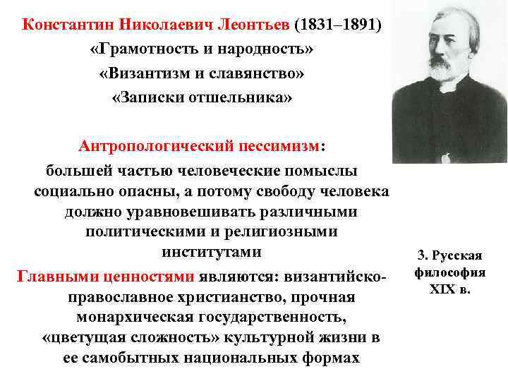 Константин Николаевич Леонтьев (1831– 1891) «Грамотность и народность» «Византизм и славянство» «Записки отшельника» Антропологический