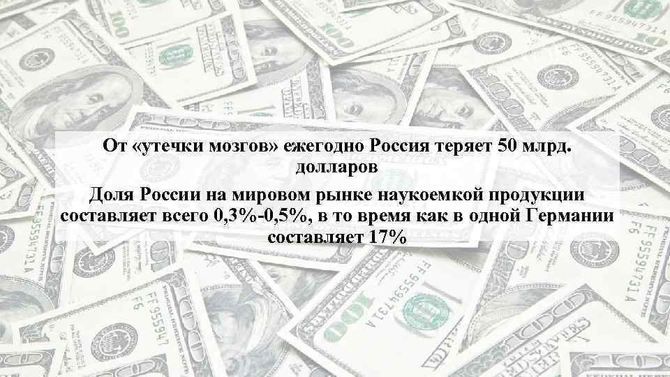 От «утечки мозгов» ежегодно Россия теряет 50 млрд. долларов Доля России на мировом рынке