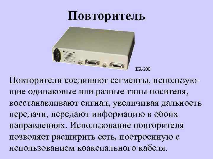 Повторитель ER-200 Повторители соединяют сегменты, использую- щие одинаковые или разные типы носителя, восстанавливают сигнал,