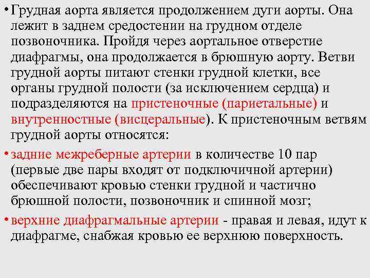  • Грудная аорта является продолжением дуги аорты. Она лежит в заднем средостении на