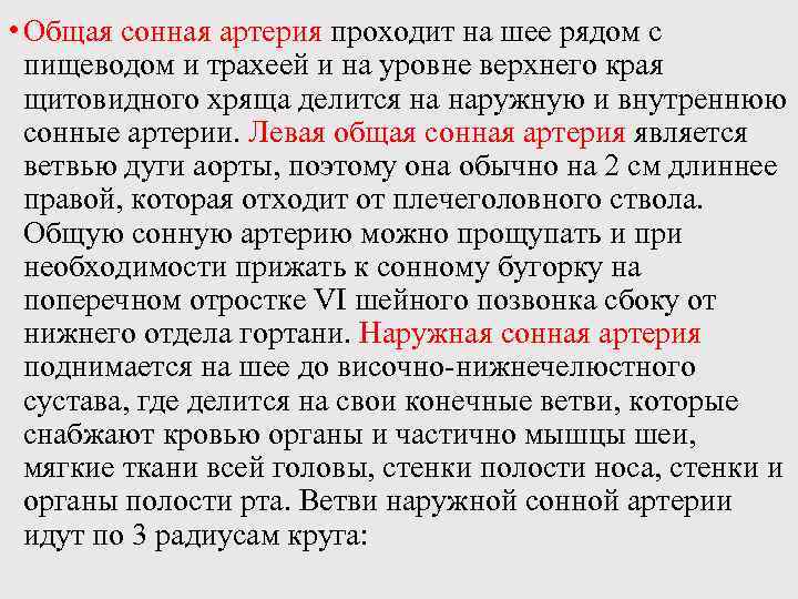  • Общая сонная артерия проходит на шее рядом с пищеводом и трахеей и