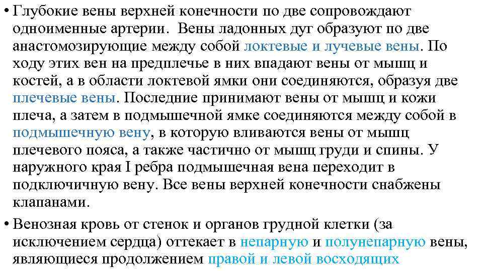  • Глубокие вены верхней конечности по две сопровождают одноименные артерии. Вены ладонных дуг