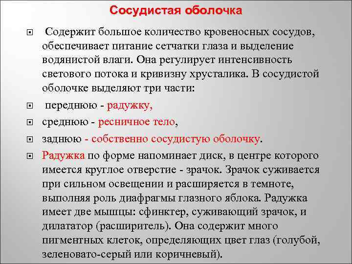Сосудистая оболочка Содержит большое количество кровеносных сосудов, обеспечивает питание сетчатки глаза и выделение водянистой