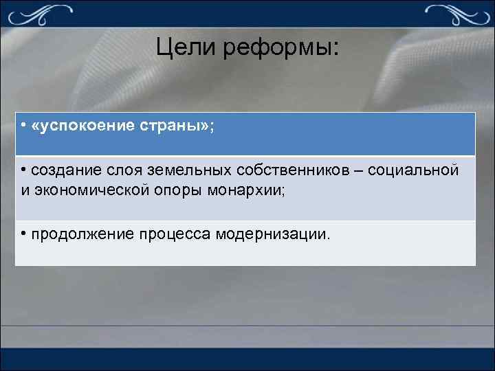 Цели реформы: • «успокоение страны» ; • создание слоя земельных собственников – социальной и