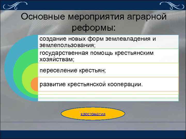 Основные мероприятия аграрной реформы: создание новых форм землевладения и землепользования; государственная помощь крестьянским хозяйствам;