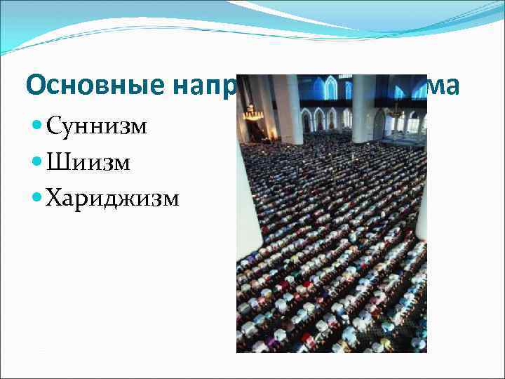 Основные направления ислама Суннизм Шиизм Хариджизм 