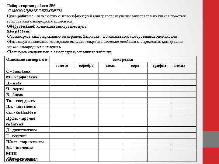 Лабораторная работа № 3 САМОРОДНЫЕ ЭЛЕМЕНТЫ Цель работы: - знакомство с классификацией минералов; изучение