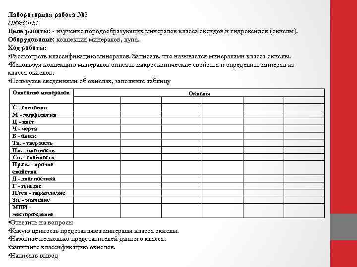 Лабораторная работа № 5 ОКИСЛЫ Цель работы: - изучение породообразующих минералов класса оксидов и