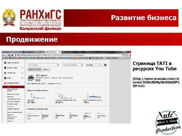 Развитие бизнеса Калужский филиал Продвижение Страница TATI в ресурсах You Tube (http: //www. youtube.
