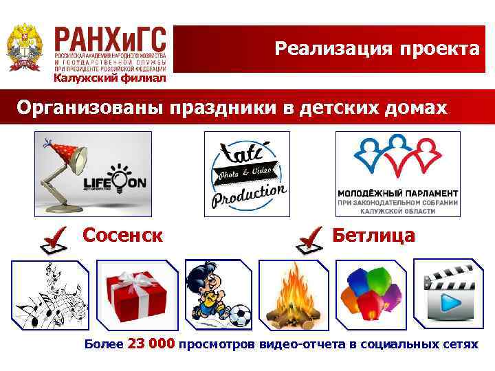 Реализация проекта Калужский филиал Организованы праздники в детских домах Сосенск Бетлица Более 23 000