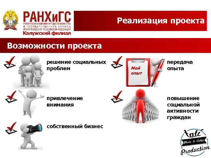 Реализация проекта Калужский филиал Возможности проекта решение социальных проблем привлечение внимания собственный бизнес Мой