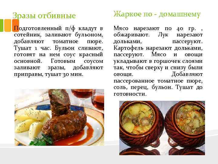 Зразы отбивные Жаркое по домашнему Подготовленный п/ф кладут в сотейник, заливают бульоном, добавляют томатное