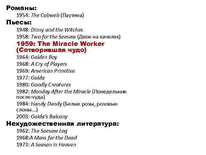 Романы: 1954: The Cobweb (Паутина) Пьесы: 1948: Dinny and the Witches 1958: Two for