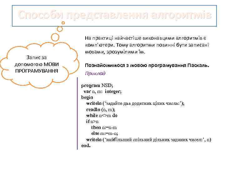 Способи представлення алгоритмів Запис за допомогою МОВИ ПРОГРАМУВАННЯ На практиці найчастіше виконавцями алгоритмів є