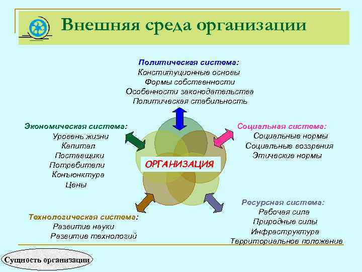 Внешняя среда организации Политическая система: Конституционные основы Формы собственности Особенности законодательства Политическая стабильность Экономическая