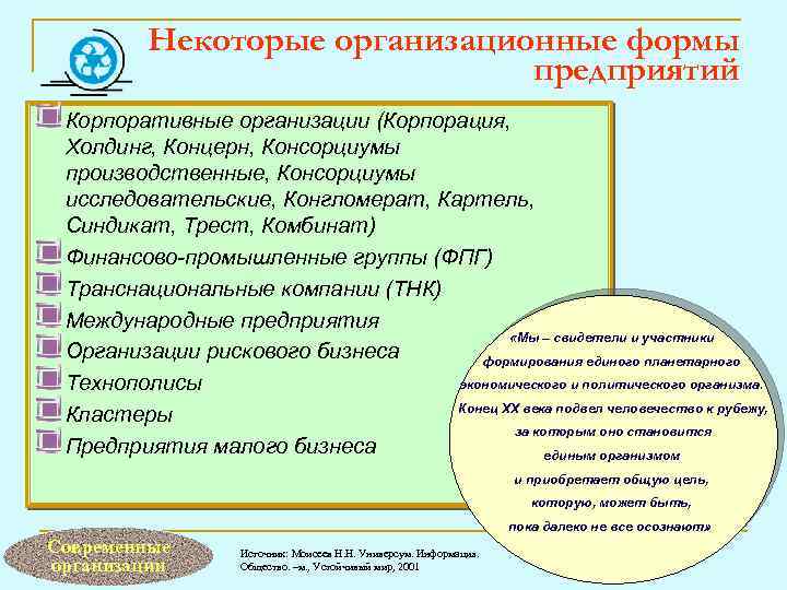 Некоторые организационные формы предприятий Корпоративные организации (Корпорация, Холдинг, Концерн, Консорциумы производственные, Консорциумы исследовательские, Конгломерат,